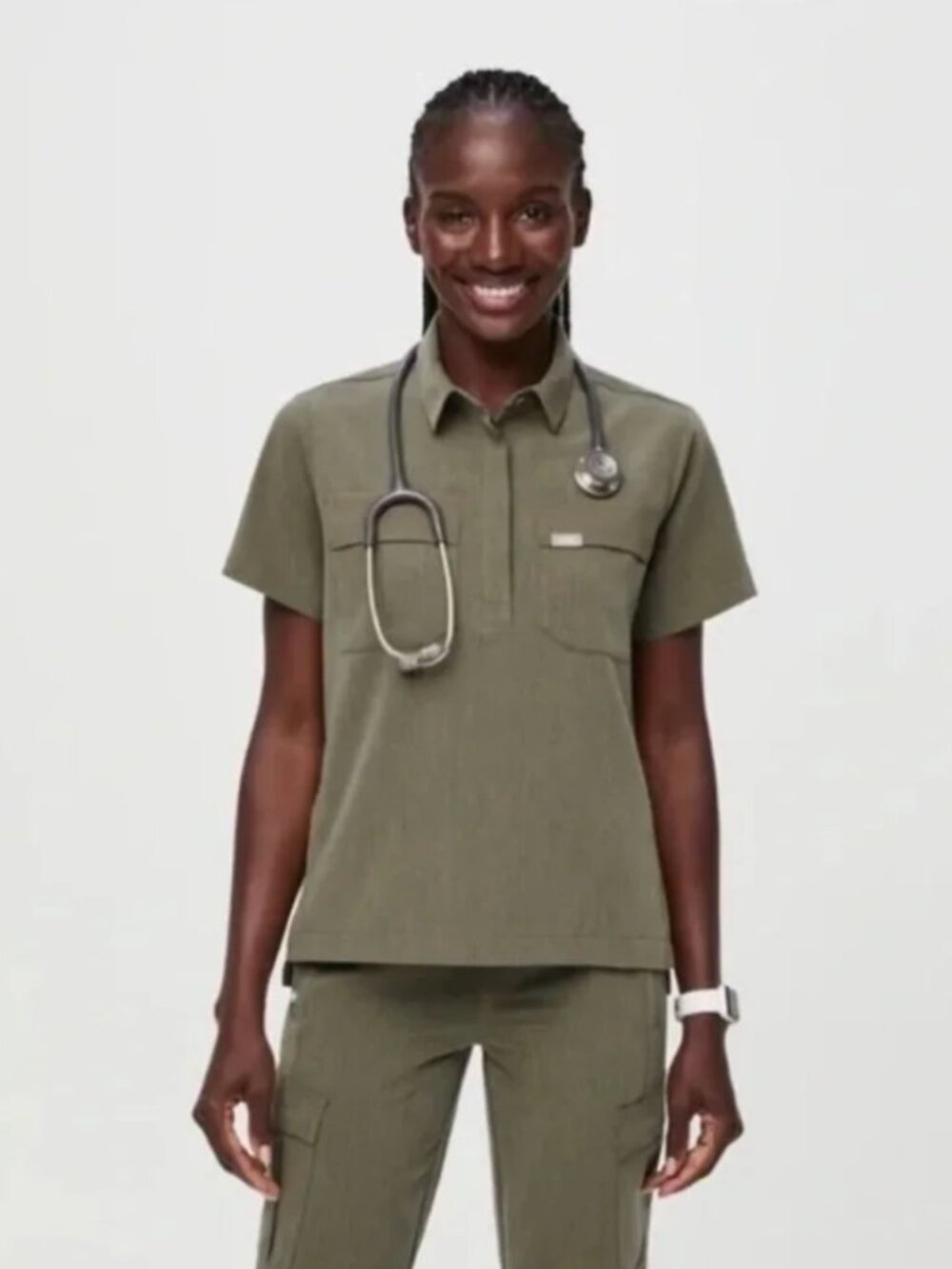 FIGS RARE Saiya Three Pocket Classic Cargo Polo Top Olive Green (PO #2768), sz S - Picture 2 of 9